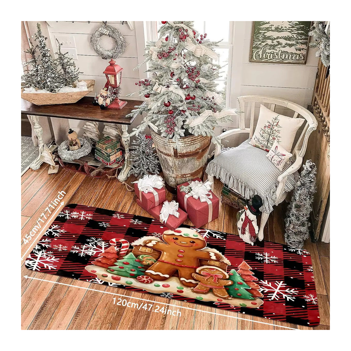 Vikama Weihnachtsteppich mit Schneeflocken und Lebkuchenmann Muster, rutschfeste Kristall-Samt Fußmatte für Wohnzimmer, Schlafzimmer und Küche, mehrfarbig - Bild 3