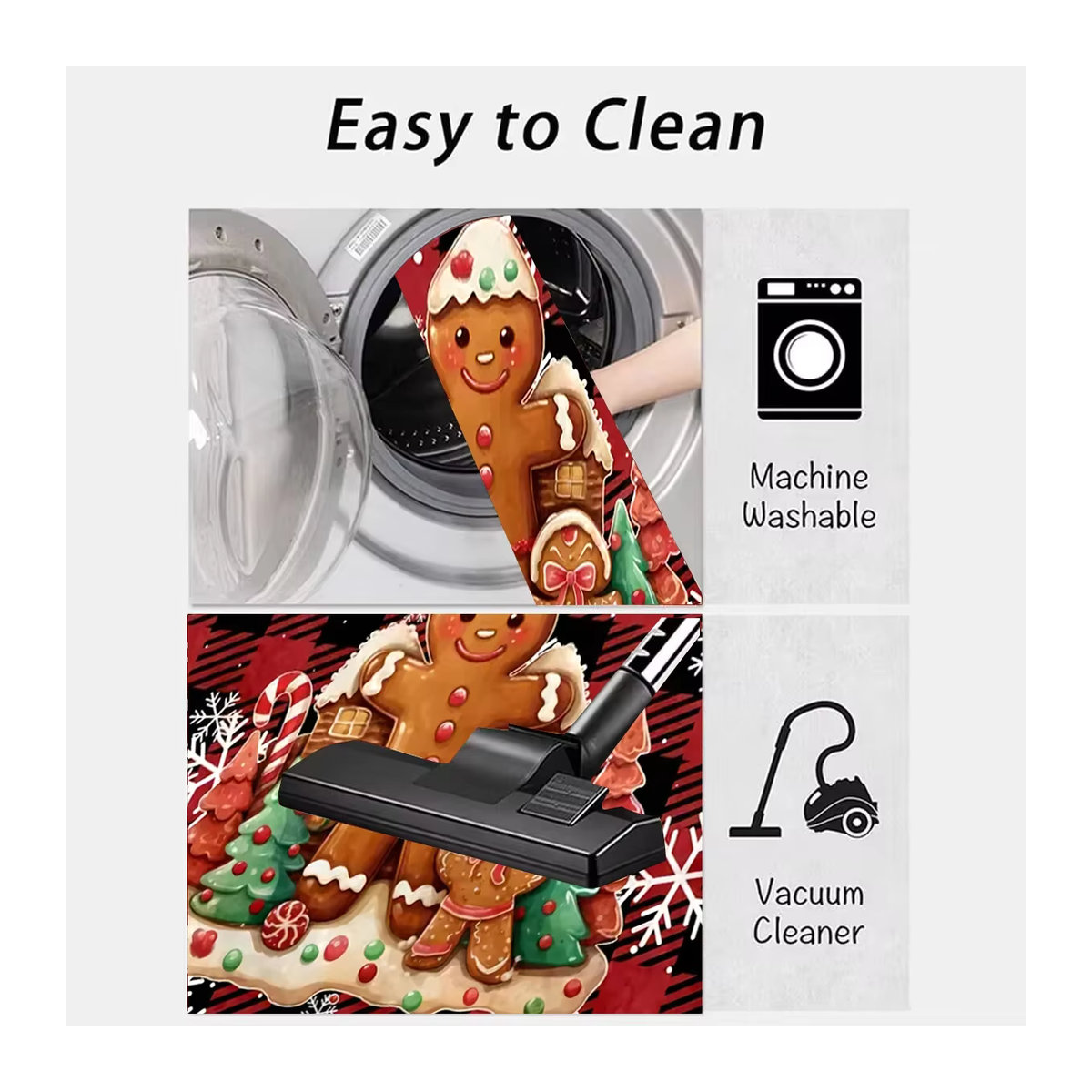 Vikama Weihnachtsteppich mit Schneeflocken und Lebkuchenmann Muster, rutschfeste Kristall-Samt Fußmatte für Wohnzimmer, Schlafzimmer und Küche, mehrfarbig - Bild 5