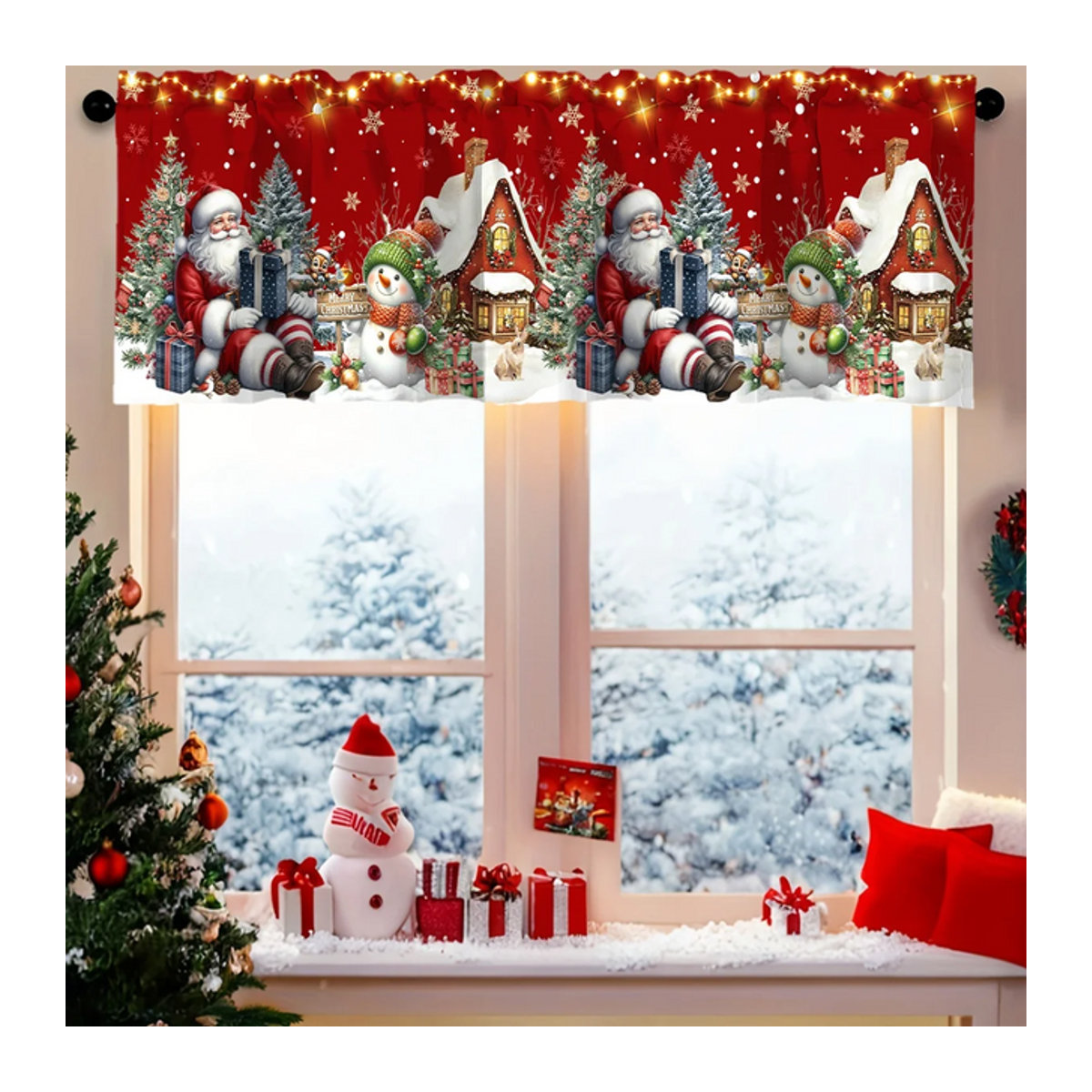 VIKAMA Weihnachtsvorhang als kurzes Banner mit Stange und Tasche in Rot für deine Weihnachtsdekoration im Innenbereich - Bild 1