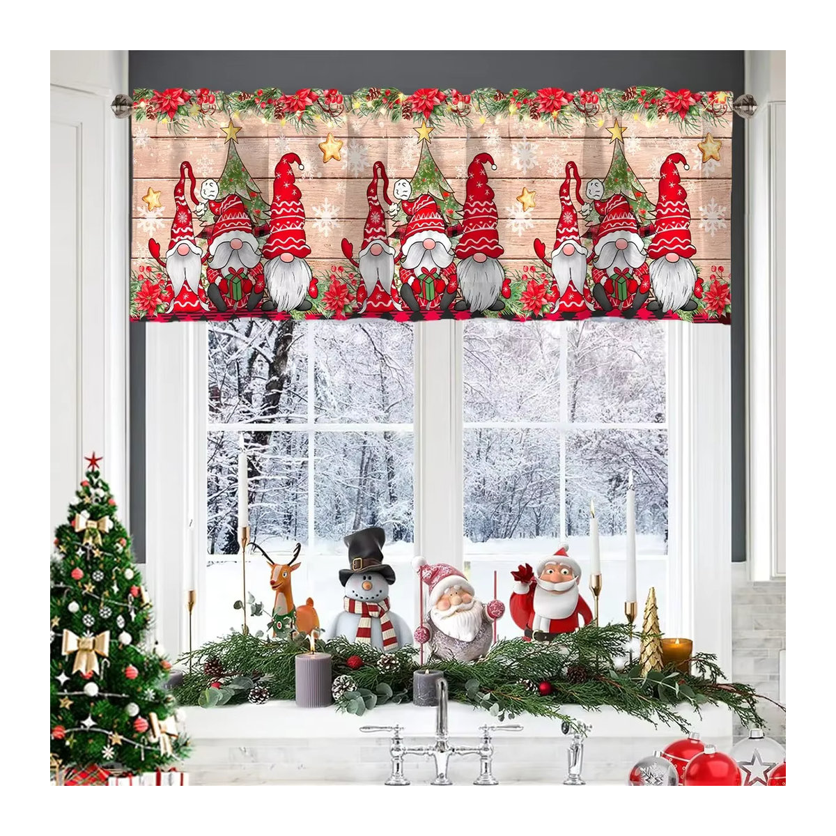 VIKAMA Weihnachtsvorhang als kurzes Banner mit Stange und Tasche in Rot für deine Weihnachtsdekoration im Innenbereich - Bild 2