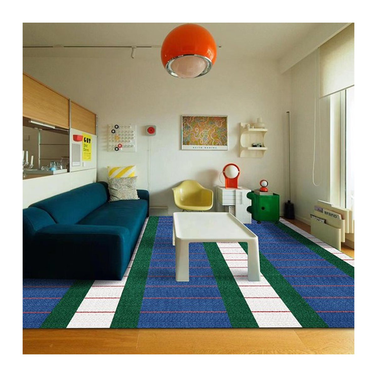 VIKAMA Wohnzimmerteppich Blau Gestreift im Retro-Design für Sofa und Schlafzimmer - Bild 1