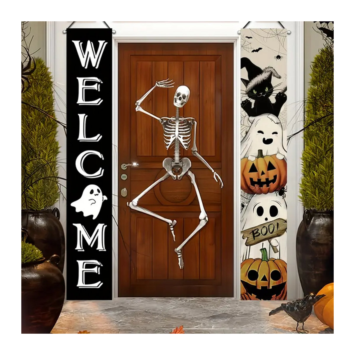 VIKAMA Zweiseitiges Halloween-Willkommensschild für die Veranda mit Geist-Kürbis-Katze-Design, mehrfarbig, rechteckig, hängend mit Schlaufe - Bild 1