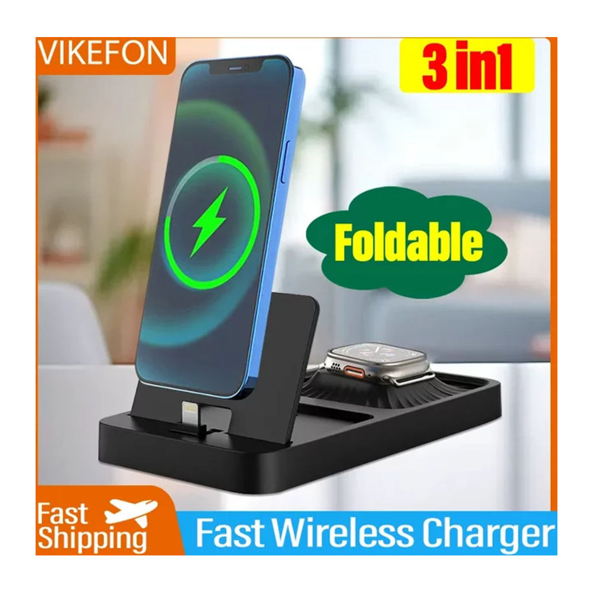 Vikefon 3 in 1 faltbares kabelloses Ladegerät 15W Schnellladestation für iPhone, Apple Watch und AirPods Pro in Weiß oder Schwarz - Bild 1