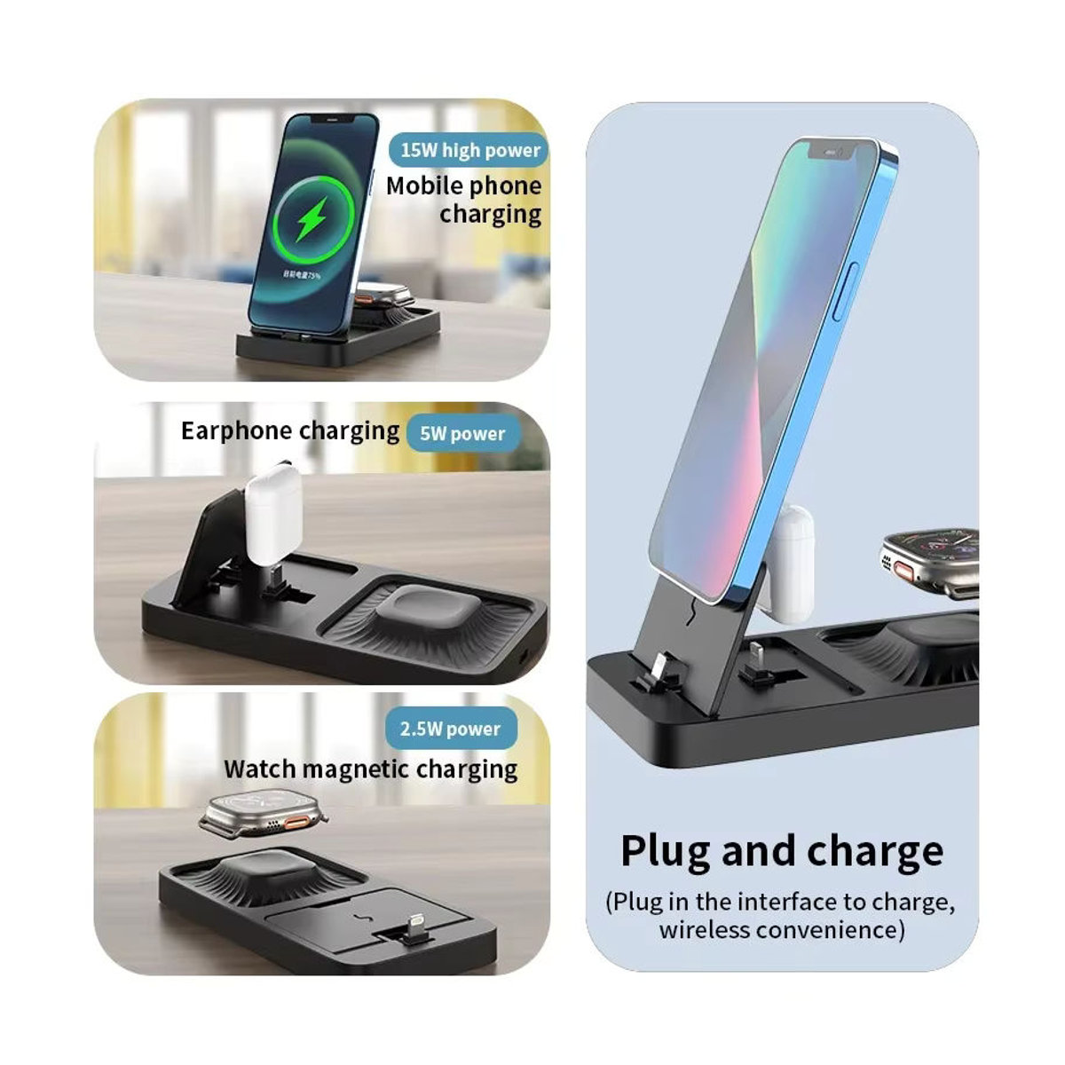 Vikefon 3 in 1 faltbares kabelloses Ladegerät 15W Schnellladestation für iPhone, Apple Watch und AirPods Pro in Weiß oder Schwarz - Bild 3