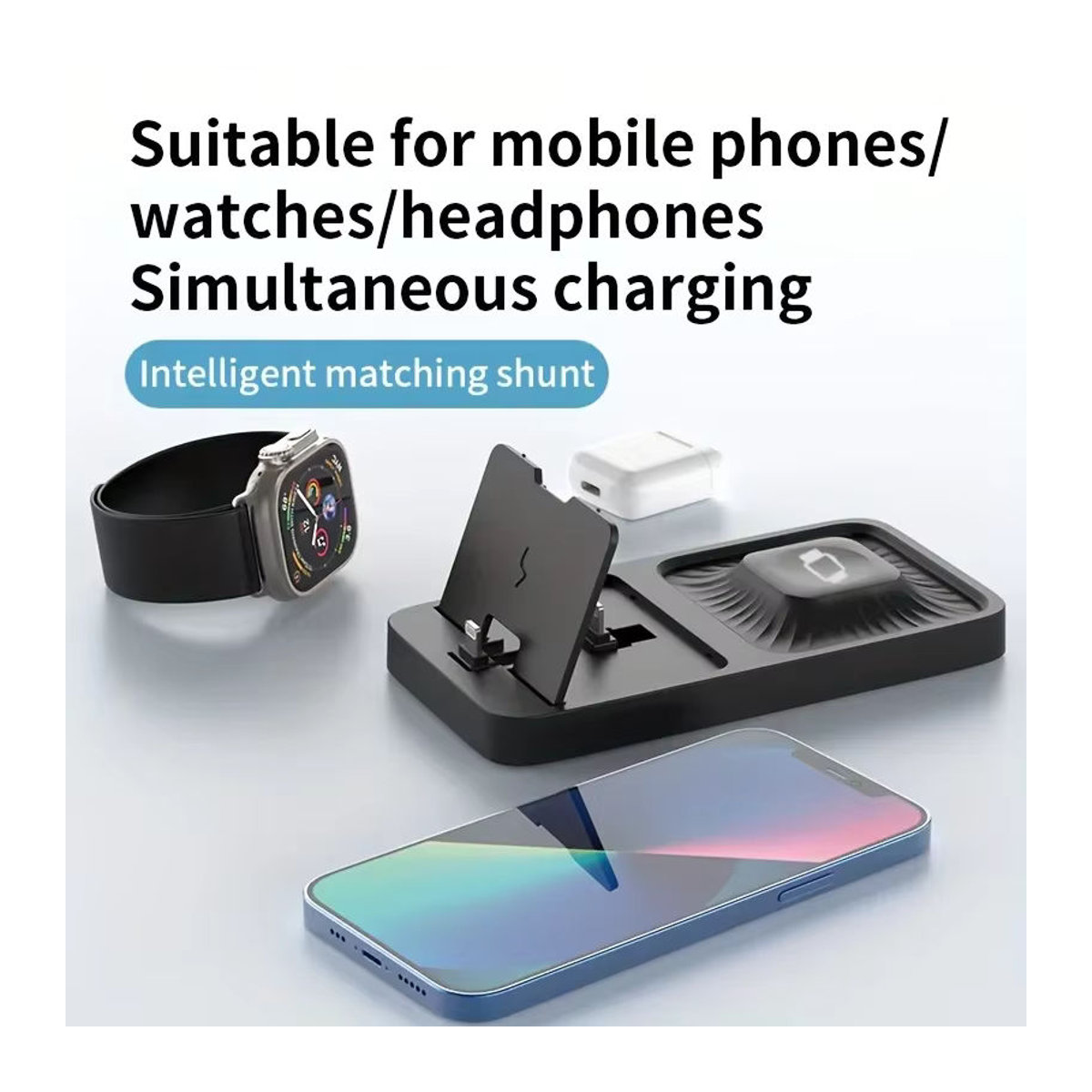 Vikefon 3 in 1 faltbares kabelloses Ladegerät 15W Schnellladestation für iPhone, Apple Watch und AirPods Pro in Weiß oder Schwarz - Bild 4