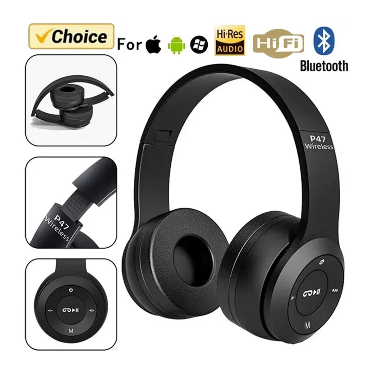 VIKEFON Stereo P47 Bluetooth Headset 5.0 Wireless Folding Headset für iPhone Samsung und PC in Schwarz oder Weiß - Bild 1