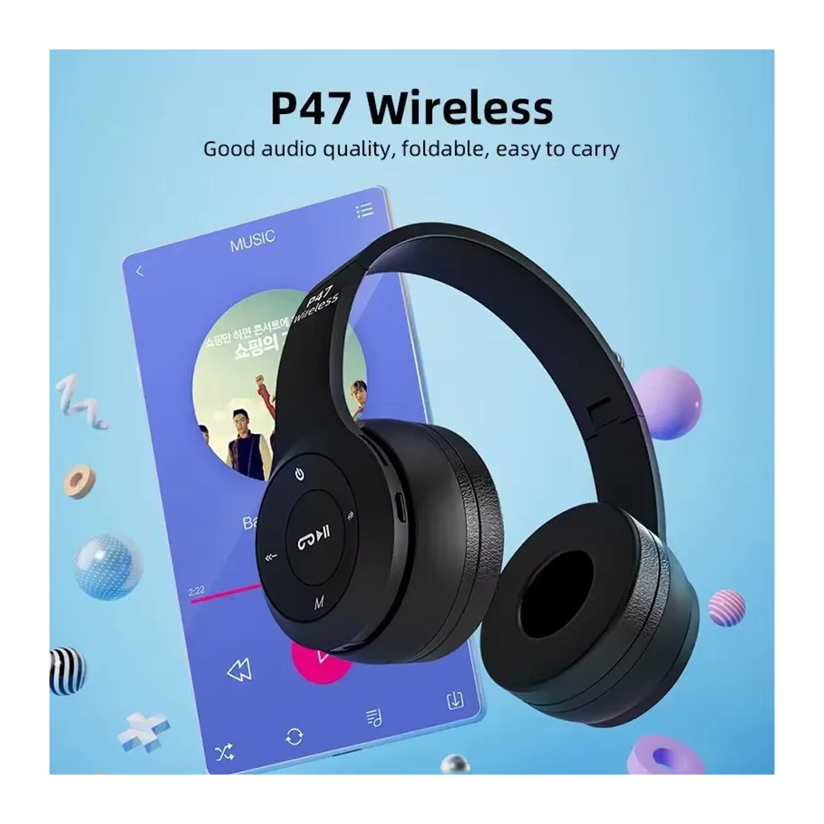 VIKEFON Stereo P47 Bluetooth Headset 5.0 Wireless Folding Headset für iPhone Samsung und PC in Schwarz oder Weiß - Bild 3