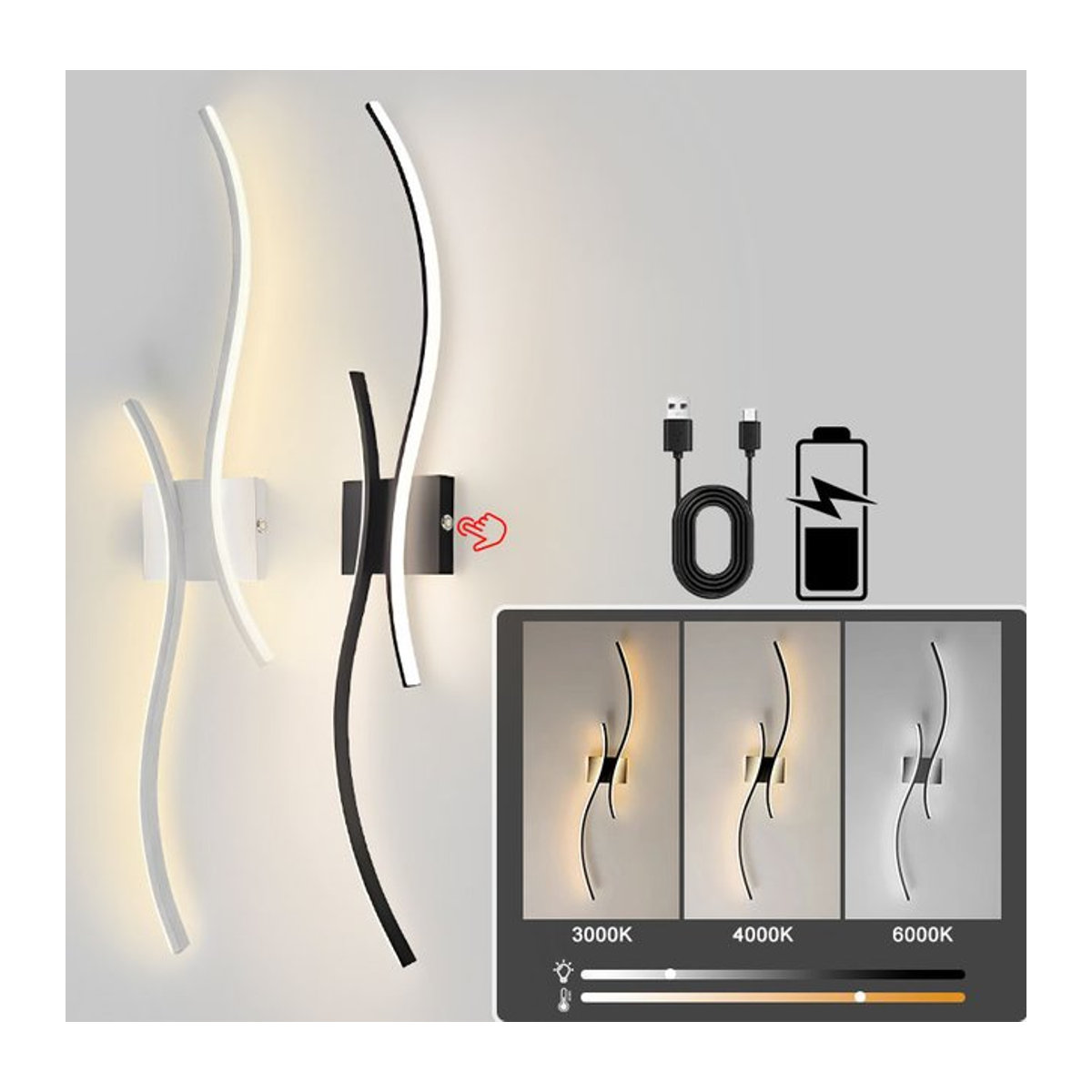 Vikotou Drahtlose LED-Wandleuchte mit Fernbedienung und Touch-Dimmer, 3 CCT Lichtfarben, Minimalistisches Design in Schwarz/Weiß - Bild 1