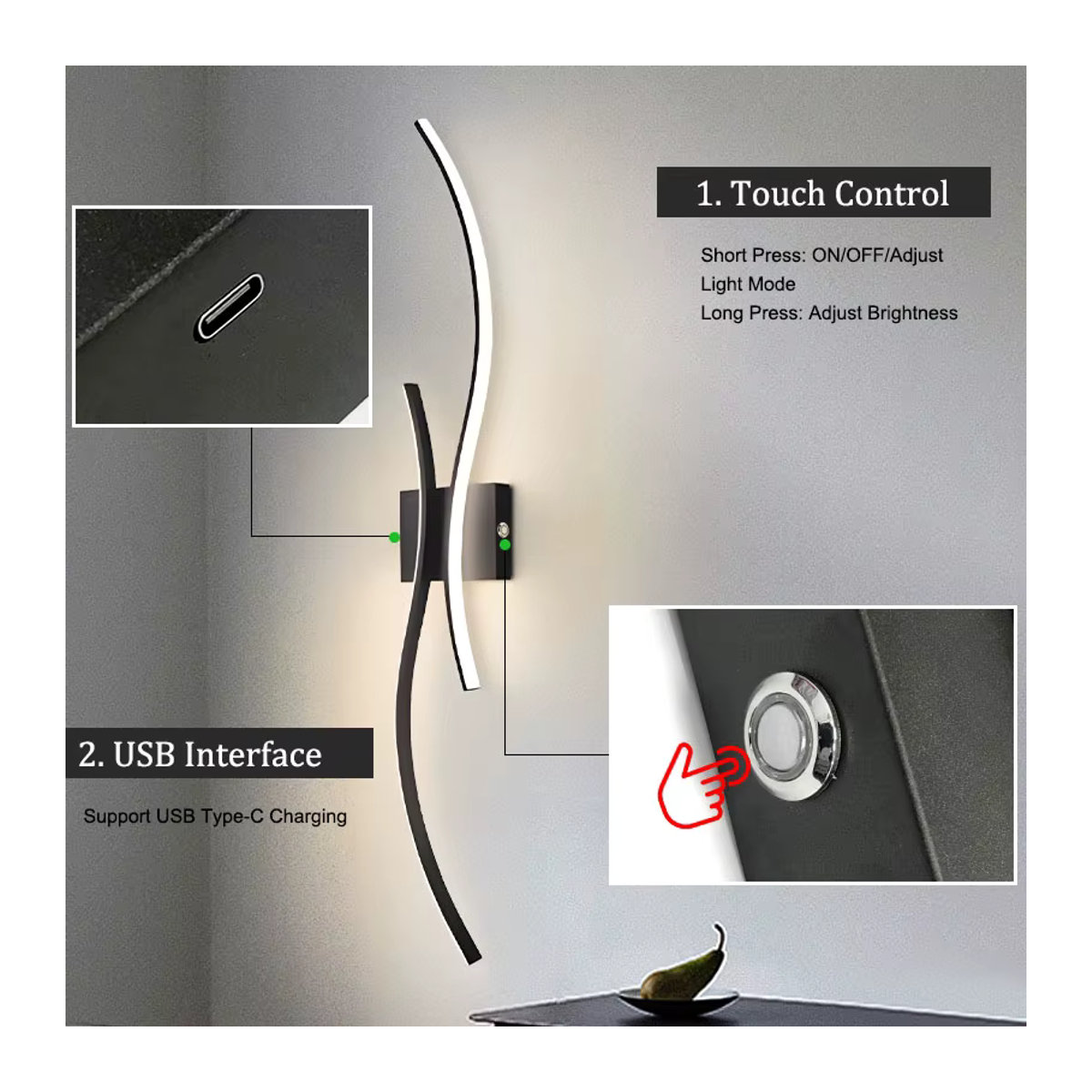 Vikotou Drahtlose LED-Wandleuchte mit Fernbedienung und Touch-Dimmer, 3 CCT Lichtfarben, Minimalistisches Design in Schwarz/Weiß - Bild 2