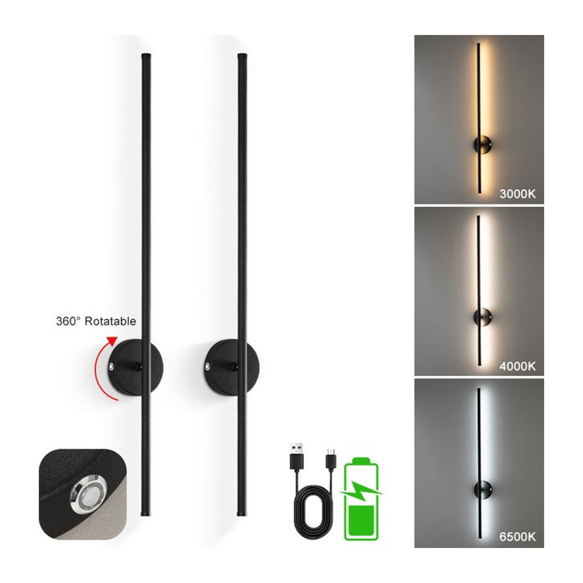 Vikotou Kabellose LED-Wandleuchte in Schwarz mit Fernbedienung, 3CCT, 360 Grad drehbar und dimmbar - Bild 1