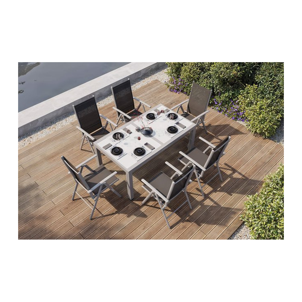 Villana Garten-Essgruppe aus Aluminium und Glas in Silber und Schwarz mit 6 Klappstühlen - Bild 1