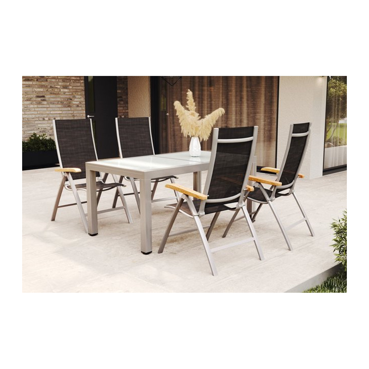 Villana Garten-Essgruppe aus Aluminium und Glas in Weiß/Silber mit Ausziehtisch und 4 Klappstühlen - Bild 1