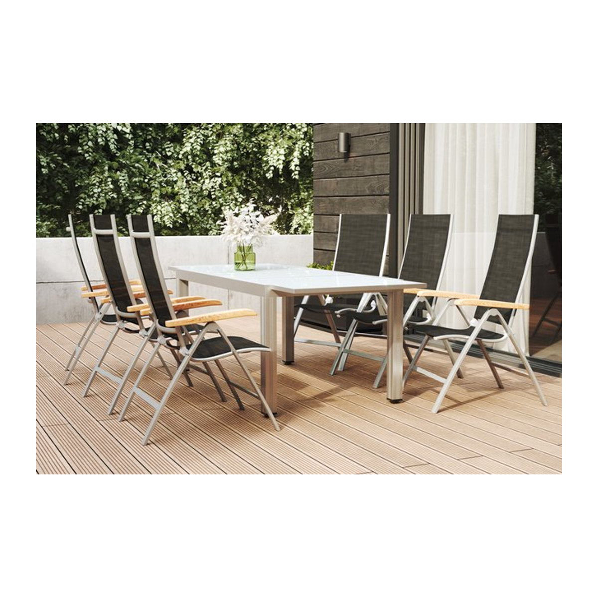 Villana Garten-Essgruppe aus Aluminium und Sicherheitsglas in Weiß/Silber mit Ausziehtisch und 6 Klappstühlen, B/T/H: 160/220 x 90 x 90 cm - Bild 1