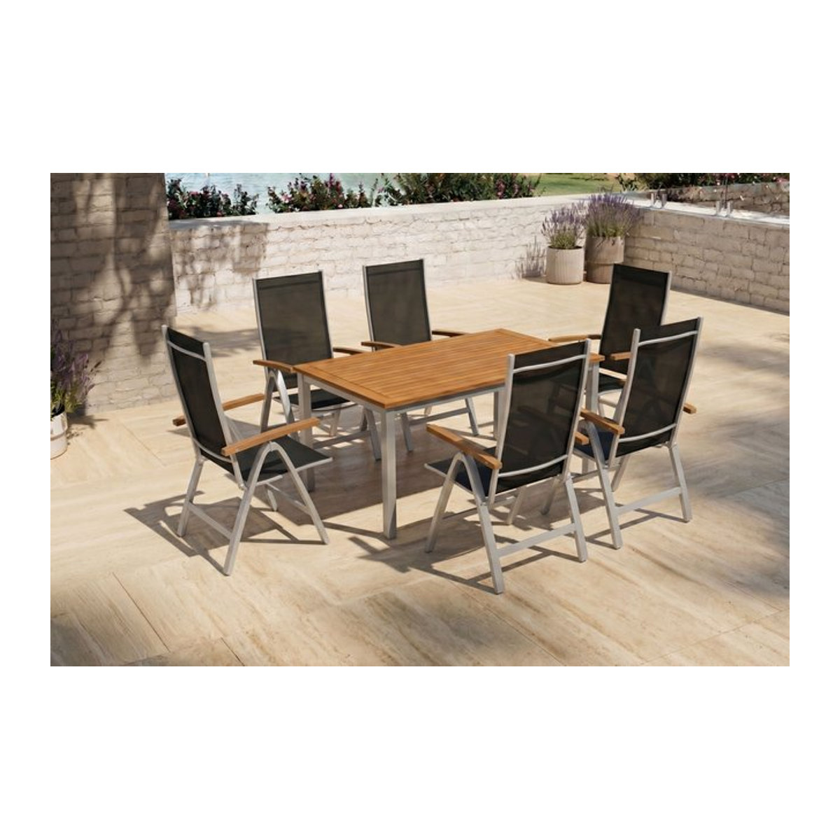 Villana Garten-Essgruppe für 6 Personen aus Aluminium und Eukalyptus-Holz in Silber und Natural, B/T/H: 150 x 90 x 74 cm - Bild 1