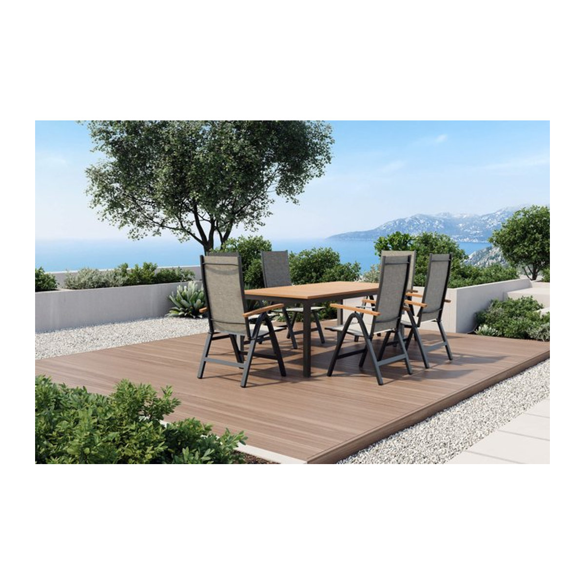 Villana Garten-Essgruppe in Anthrazit und Naturbelassen mit Esstisch und 6 Klappstühlen aus Alu, Eukalyptus und Textilgewebe, B/T: 180 x 90 cm - Bild 1