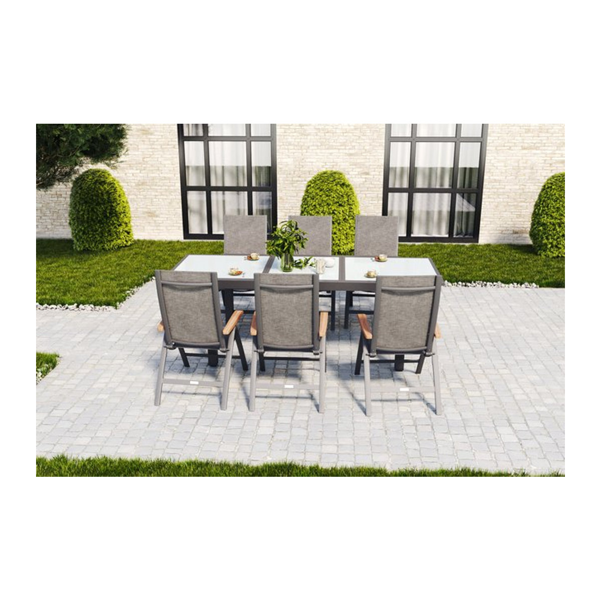 Villana Garten-Essgruppe mit Ausziehtisch und 6 Klappstühlen, Anthrazit/Grau/Weiß, aus Alu, Glas, Textilene und Eukalyptusholz, Tisch B: 160 bis 220 cm, T: 90 cm, H: 90 cm - Bild 1