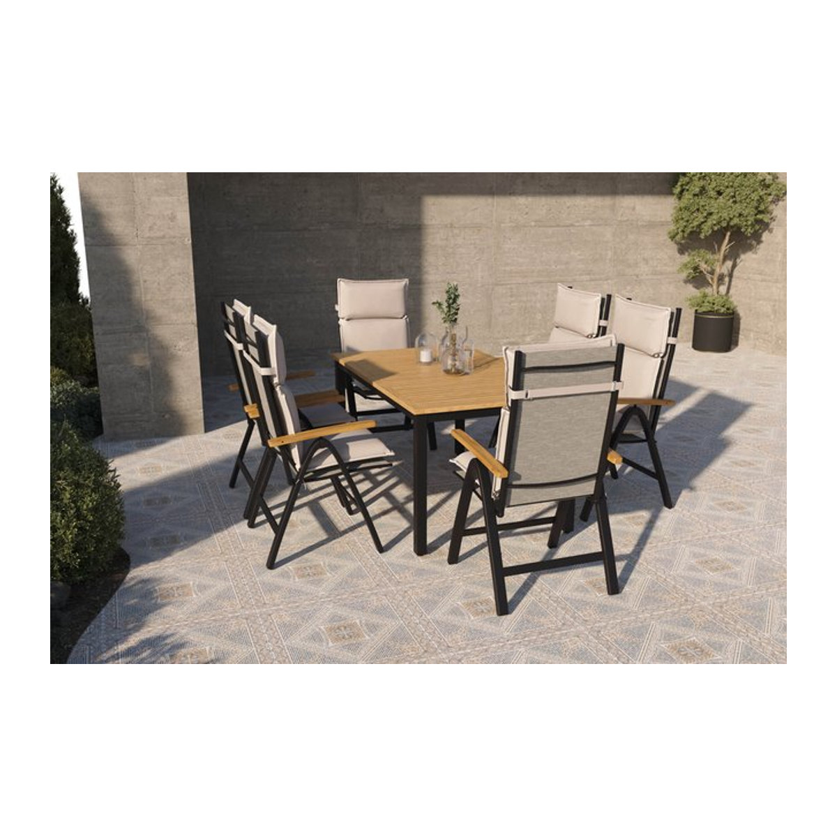 Villana Lagos Garten-Essgruppe aus Aluminium, Eukalyptus und Polyester in Anthrazit, ausziehbar und klappbar - Bild 1