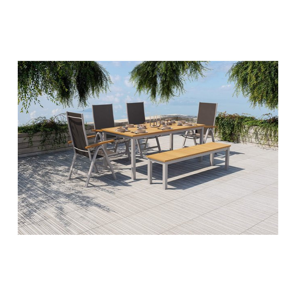 Villana Tasmania Garten-Essgruppe aus Aluminium und Eukalyptus mit Bank und 4 Klappstühlen, silber/natur, Tisch B: 180 cm, T: 90 cm - Bild 1