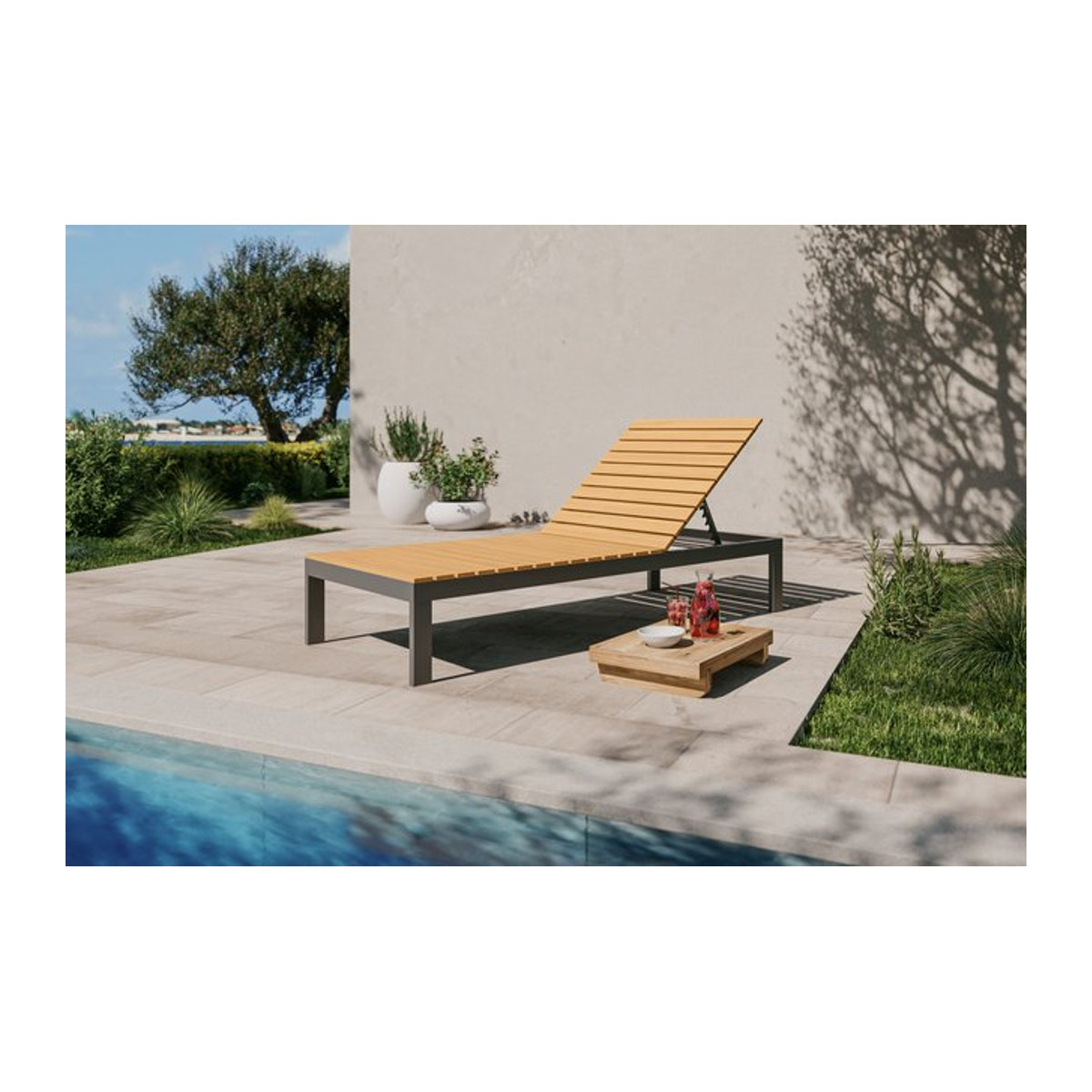 Villana Tasmania Gartenliege in Dunkelgrau aus Aluminium und Eukalyptus mit verstellbarer Rückenlehne - Bild 1