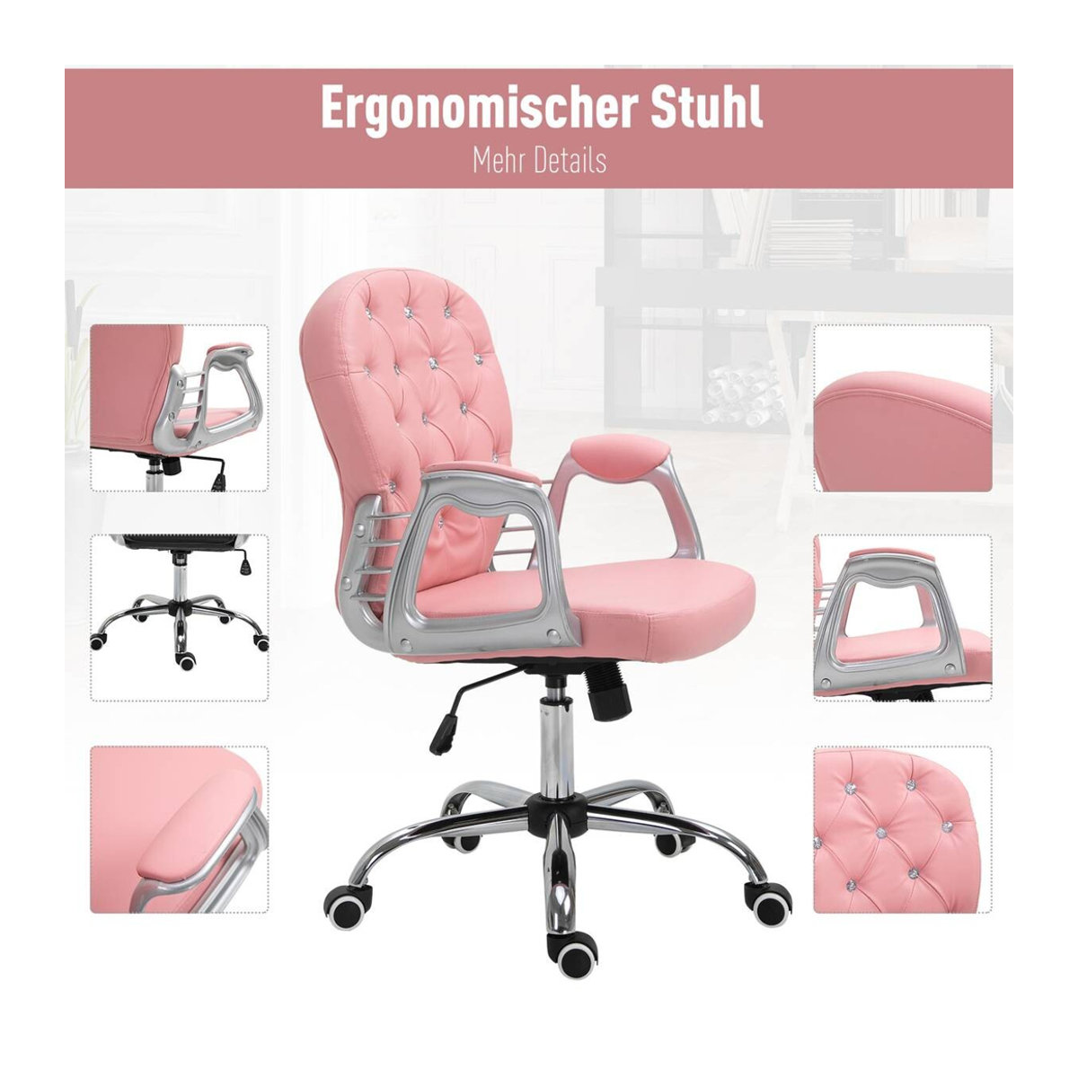 Vinsetto Drehstuhl in Rosa aus Kunstleder B/T/H: 60,5 x 59,5 x 120 cm - Bild 2
