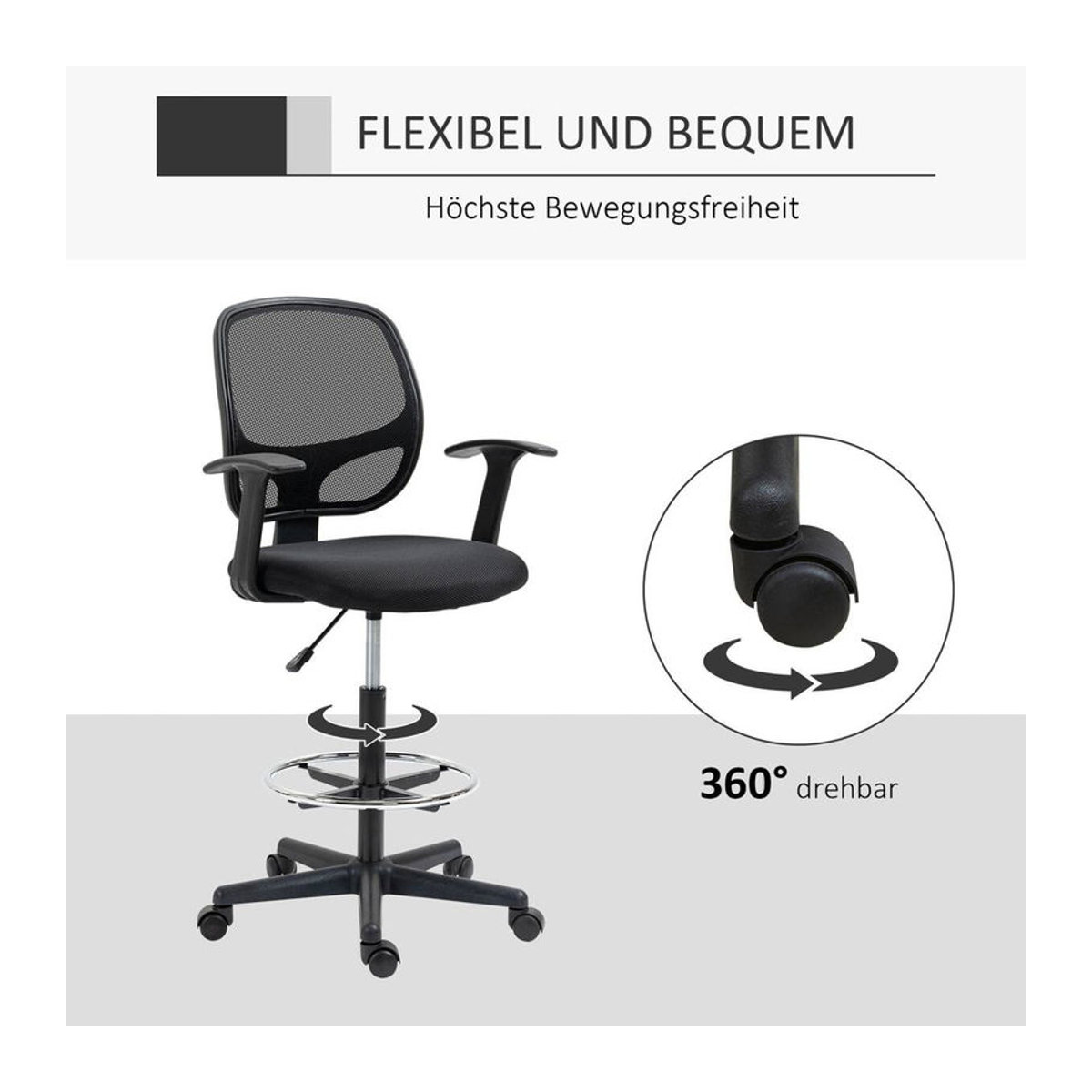 Vinsetto Schreibtischstuhl Modern in Schwarz mit Mesh-Rücken und Stoffbezug - Bild 2