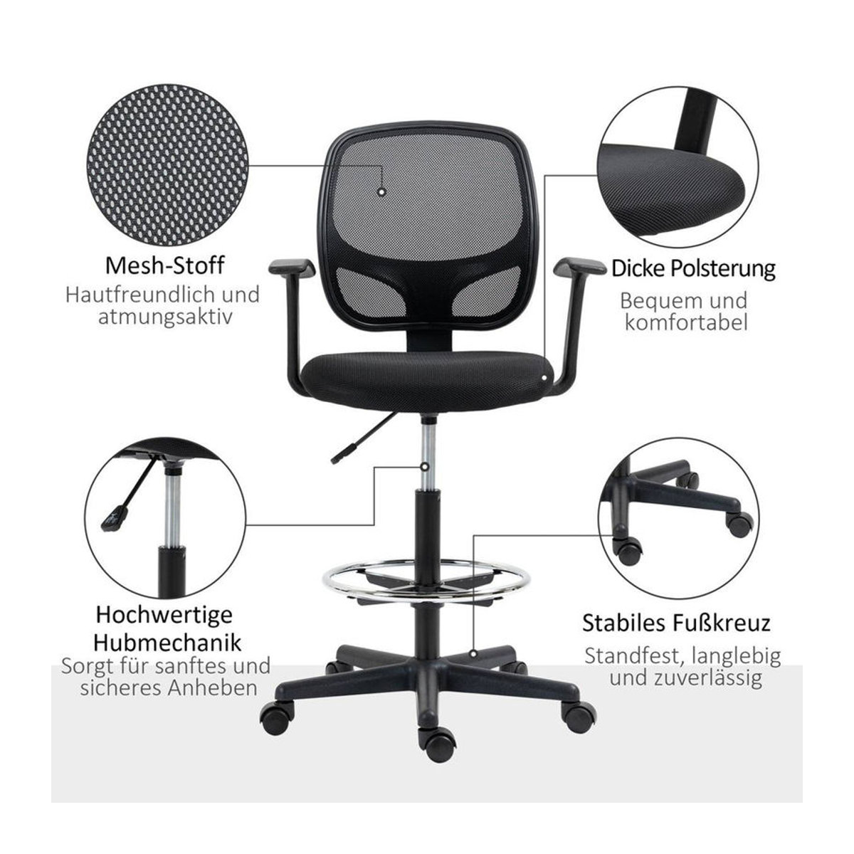 Vinsetto Schreibtischstuhl Modern in Schwarz mit Mesh-Rücken und Stoffbezug - Bild 4