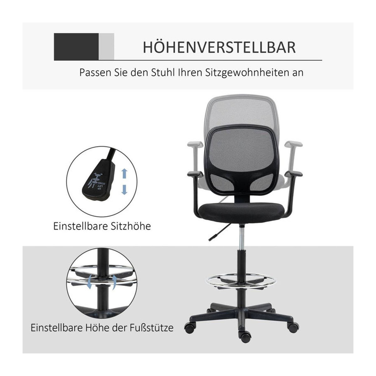 Vinsetto Schreibtischstuhl Modern in Schwarz mit Mesh-Rücken und Stoffbezug - Bild 5