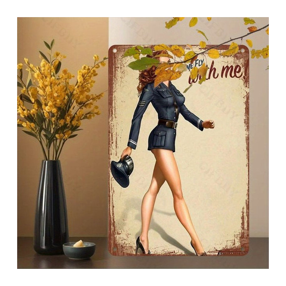 Vintage Aluminiumschild CIFBUY Come Fly With Me in Beige, rechteckiges Metallschild für drinnen und draußen, B: 20,3 cm x H: 30,5 cm - Bild 1