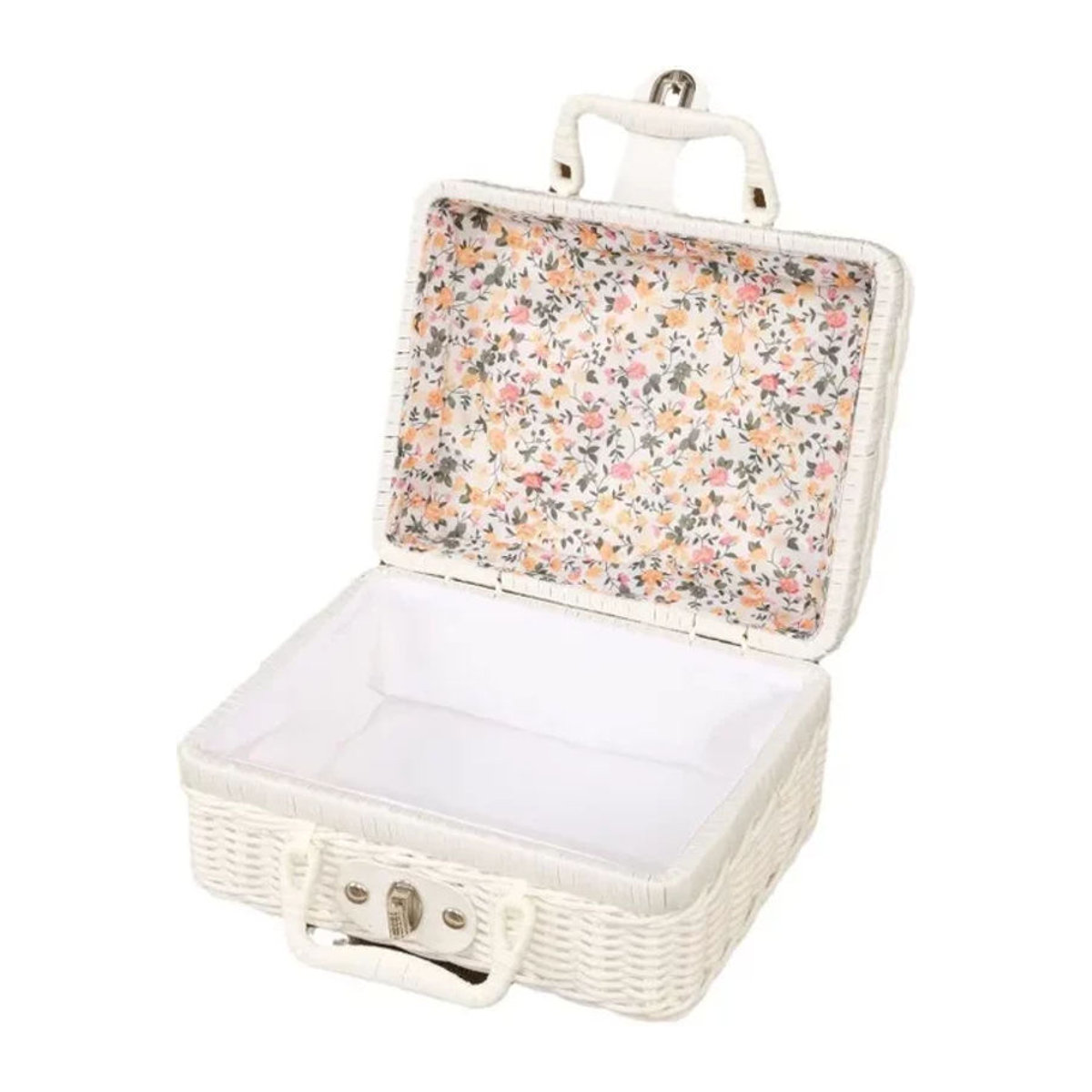 Vintage Aufbewahrungsbox aus Rattan und Kunststoff mit Deckel in Rosa oder Weiß mit floralem Design und rechteckiger Form - Bild 1