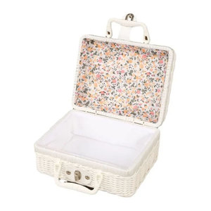 Vintage Aufbewahrungsbox aus Rattan und Kunststoff mit Deckel in Rosa oder Weiß mit floralem Design und rechteckiger Form