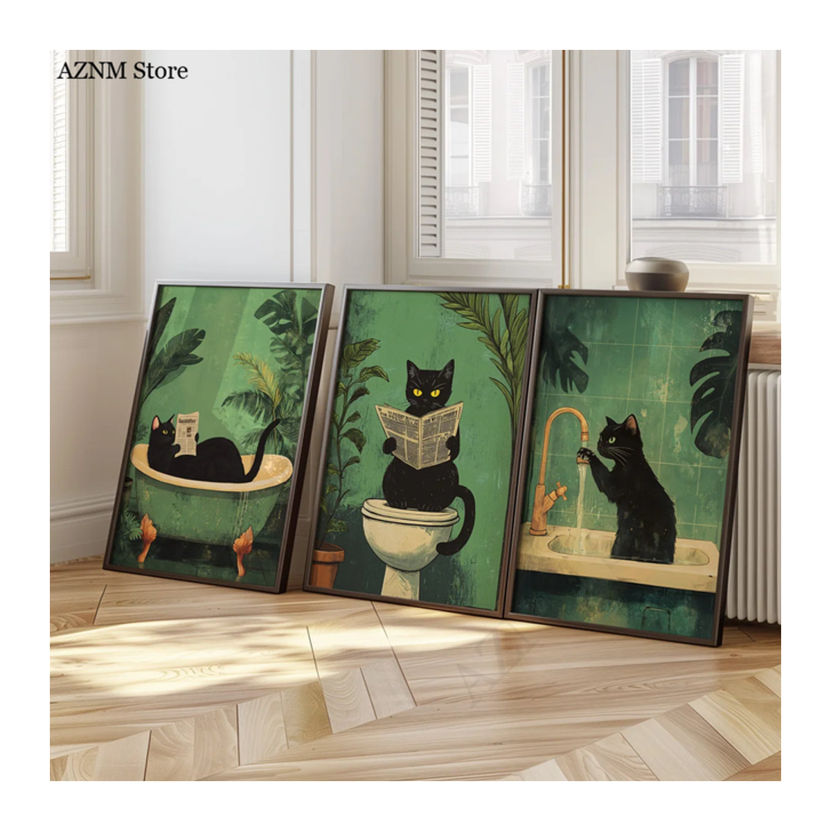 Vintage Badezimmer-Poster mit schwarzer Katze auf Leinwand von Potdemiel, mehrfarbige Tier-Wandkunst im Hochformat für dein Wohnzimmer oder Badezimmer - Bild 1