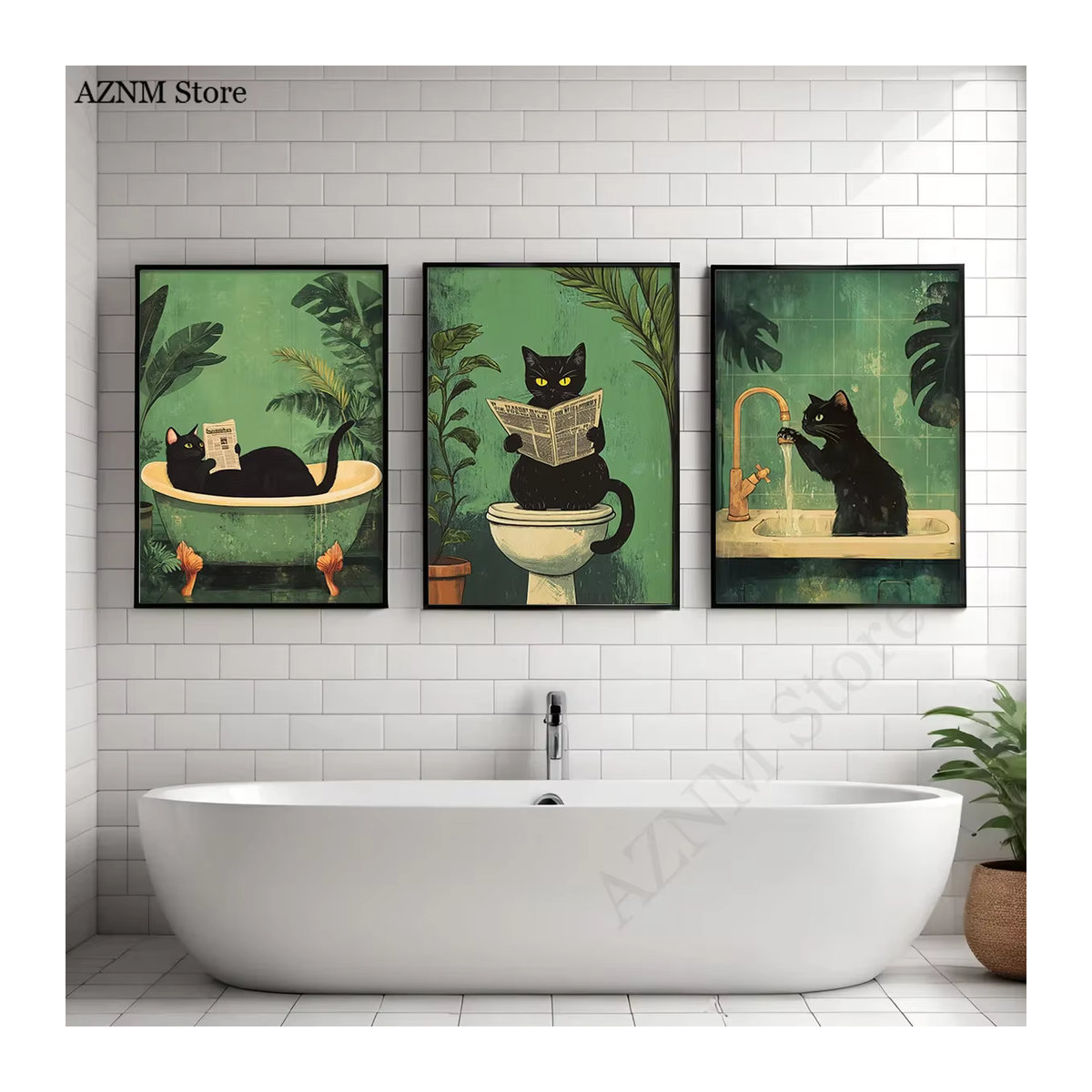 Vintage Badezimmer-Poster mit schwarzer Katze auf Leinwand von Potdemiel, mehrfarbige Tier-Wandkunst im Hochformat für dein Wohnzimmer oder Badezimmer - Bild 2