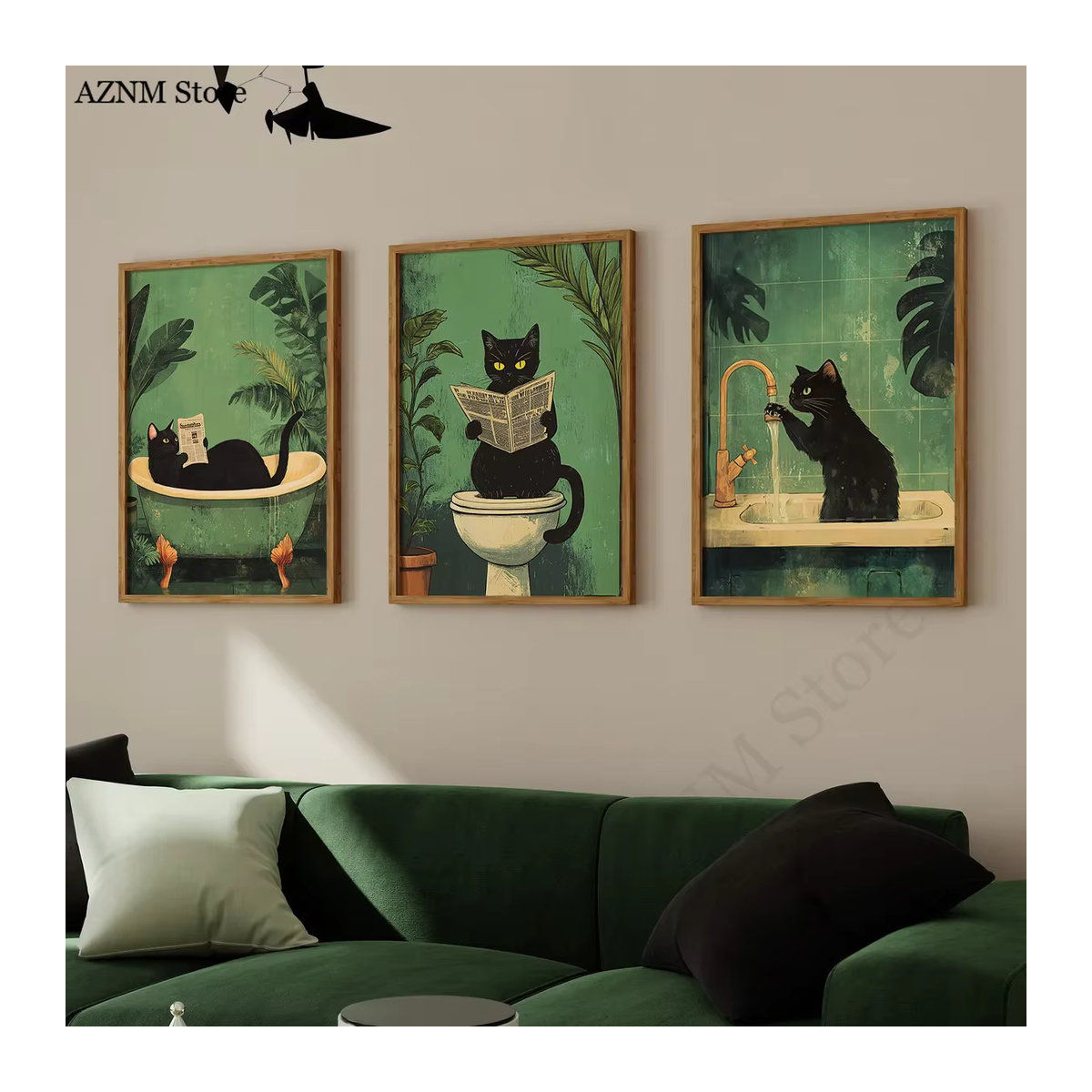 Vintage Badezimmer-Poster mit schwarzer Katze auf Leinwand von Potdemiel, mehrfarbige Tier-Wandkunst im Hochformat für dein Wohnzimmer oder Badezimmer - Bild 3