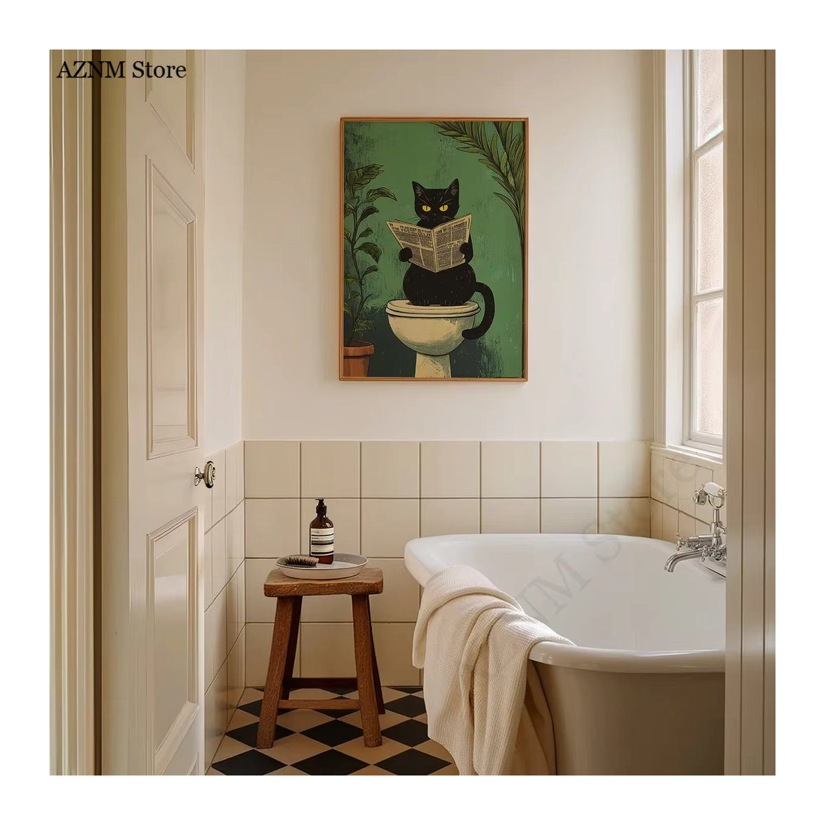 Vintage Badezimmer-Poster mit schwarzer Katze auf Leinwand von Potdemiel, mehrfarbige Tier-Wandkunst im Hochformat für dein Wohnzimmer oder Badezimmer - Bild 4