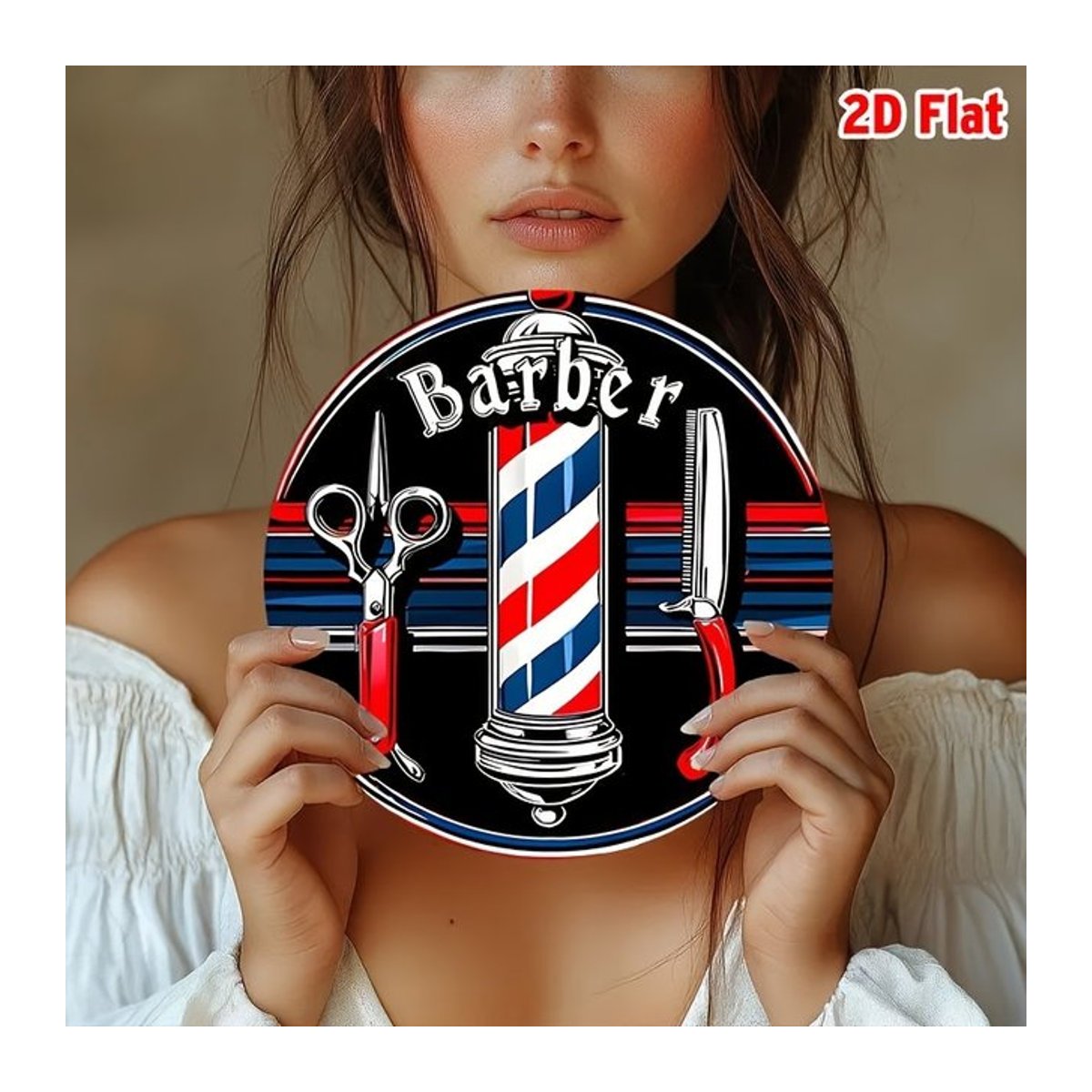 Vintage Barber Metall-Wandkunstschild von Potdemiel, rundes Wanddesign mit Schere und Kamm in Rot, Weiß und Blau - Bild 1