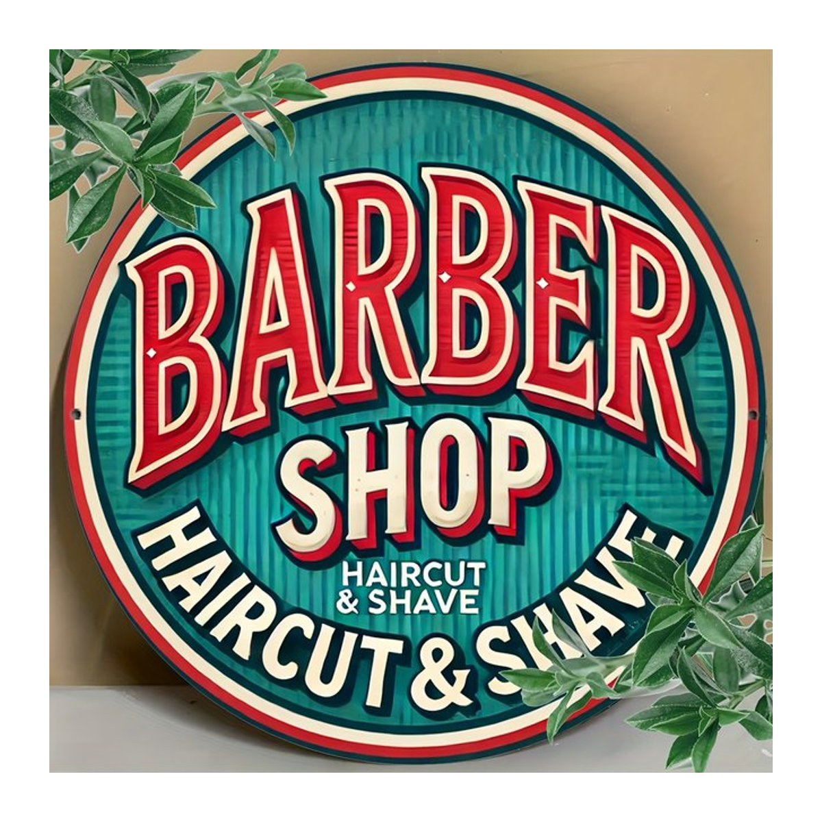 Vintage Barber Shop Rundes Aluminiumschild von Potdemiel, Mehrfarbig, Durchmesser: 20,3 cm - Bild 1