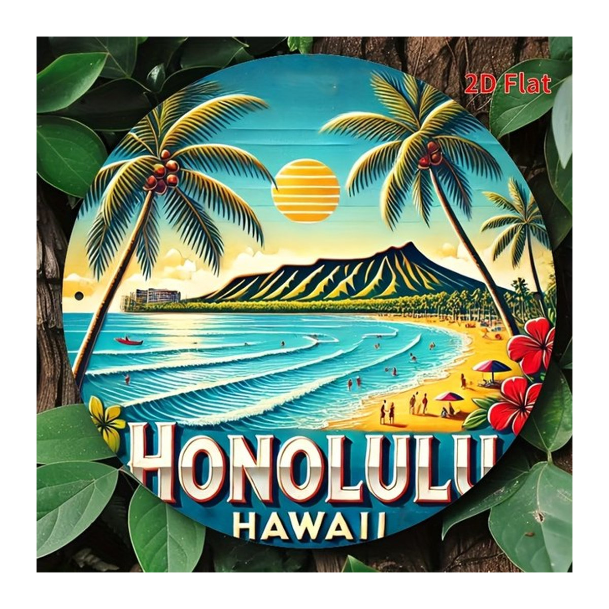Vintage Blechschild Honolulu Hawaii als runde Aluminium-Wandkunst, mehrfarbig, B/H: 20 x 20 cm - Bild 1