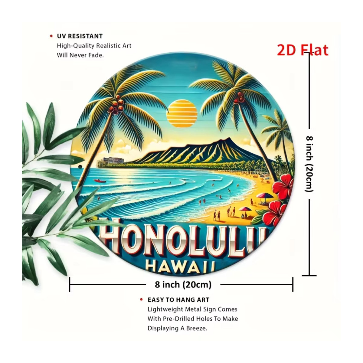 Vintage Blechschild Honolulu Hawaii als runde Aluminium-Wandkunst, mehrfarbig, B/H: 20 x 20 cm - Bild 2