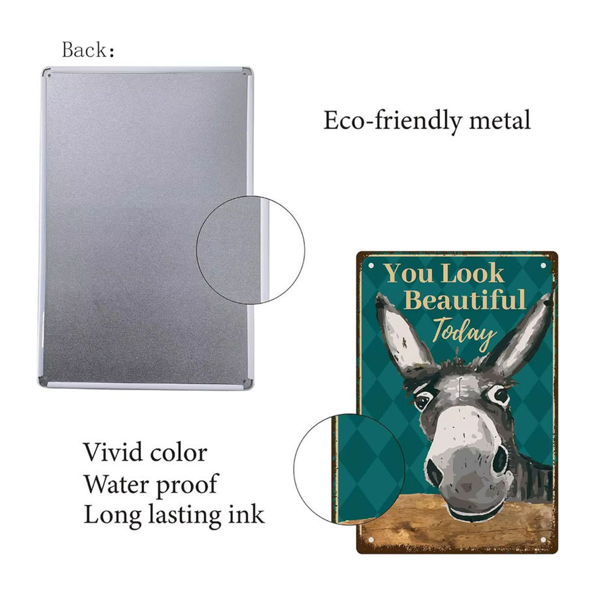 Vintage Blechschild You Look Beautiful Today mit Esel Motiv, mehrfarbiges Metallschild zur Wanddekoration für Garage und Küche - Bild 2