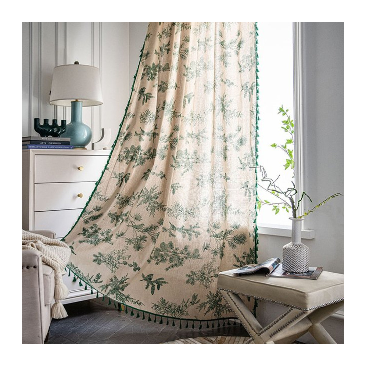 Vintage Blumen Vorhänge mit Bauernhaus Muster in Grün für Wohnzimmer, Schlafzimmer oder Schiebetüren, Länge: 84 Zoll - Bild 1