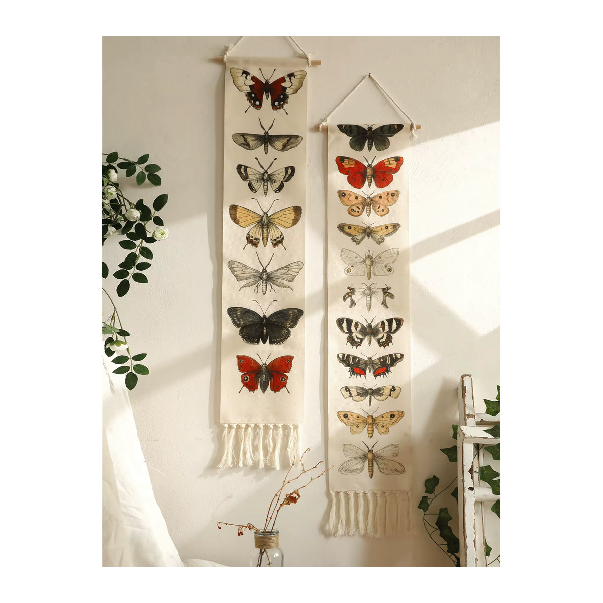 Vintage Boho Butterfly Moth Wandteppich aus Baumwolle mit Quasten, mehrfarbiges Textil-Wandbanner im Animal-Print für dein Wohnzimmer oder Schlafzimmer - Bild 2