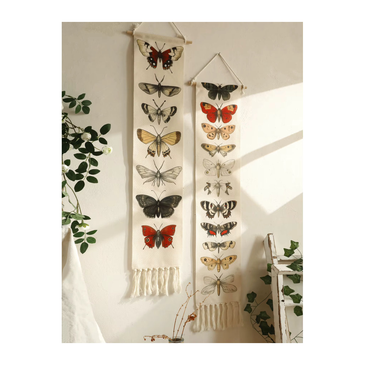 Vintage Boho Butterfly Moth Wandteppich aus Baumwolle mit Quasten, mehrfarbiges Textil-Wandbanner im Animal-Print für dein Wohnzimmer oder Schlafzimmer - Bild 3