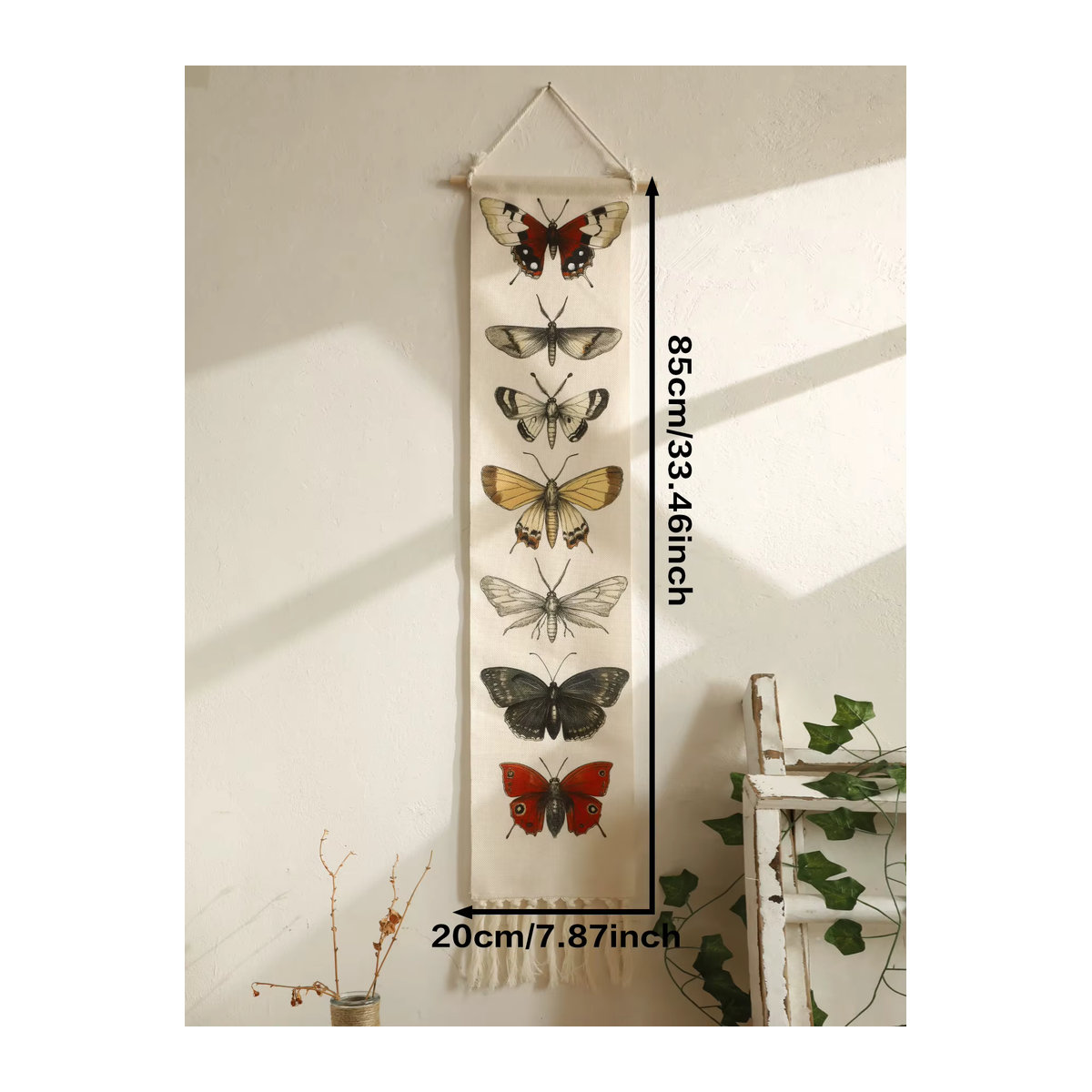 Vintage Boho Butterfly Moth Wandteppich aus Baumwolle mit Quasten, mehrfarbiges Textil-Wandbanner im Animal-Print für dein Wohnzimmer oder Schlafzimmer - Bild 5