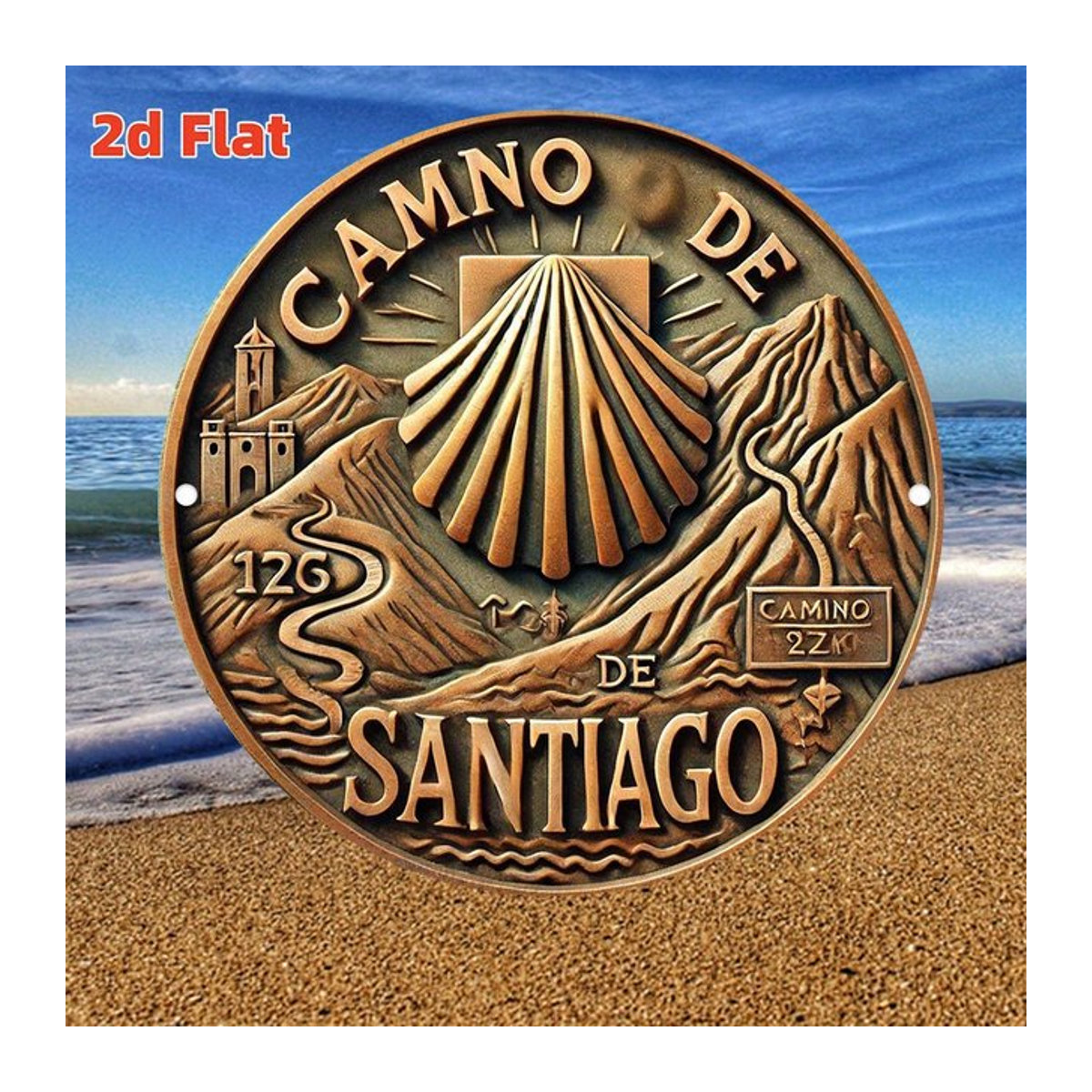 Vintage Camino de Santiago Metallschild von Potdemiel in Braun mit Pilger-Route-Design zur Wandmontage, Durchmesser: 19,81 cm - Bild 1