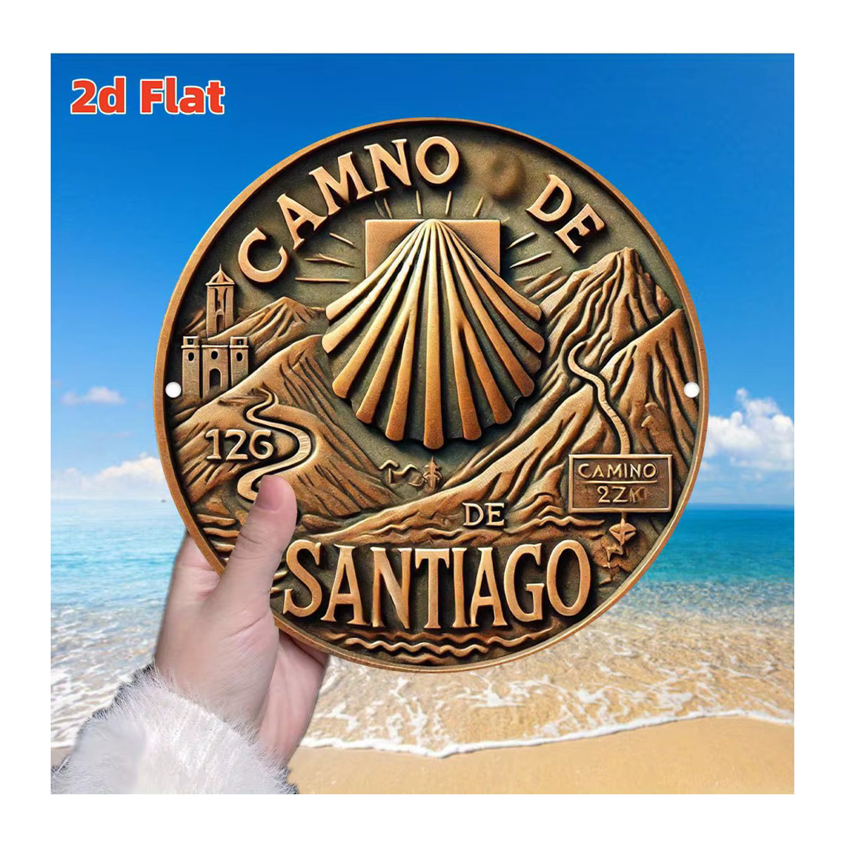 Vintage Camino de Santiago Metallschild von Potdemiel in Braun mit Pilger-Route-Design zur Wandmontage, Durchmesser: 19,81 cm - Bild 3