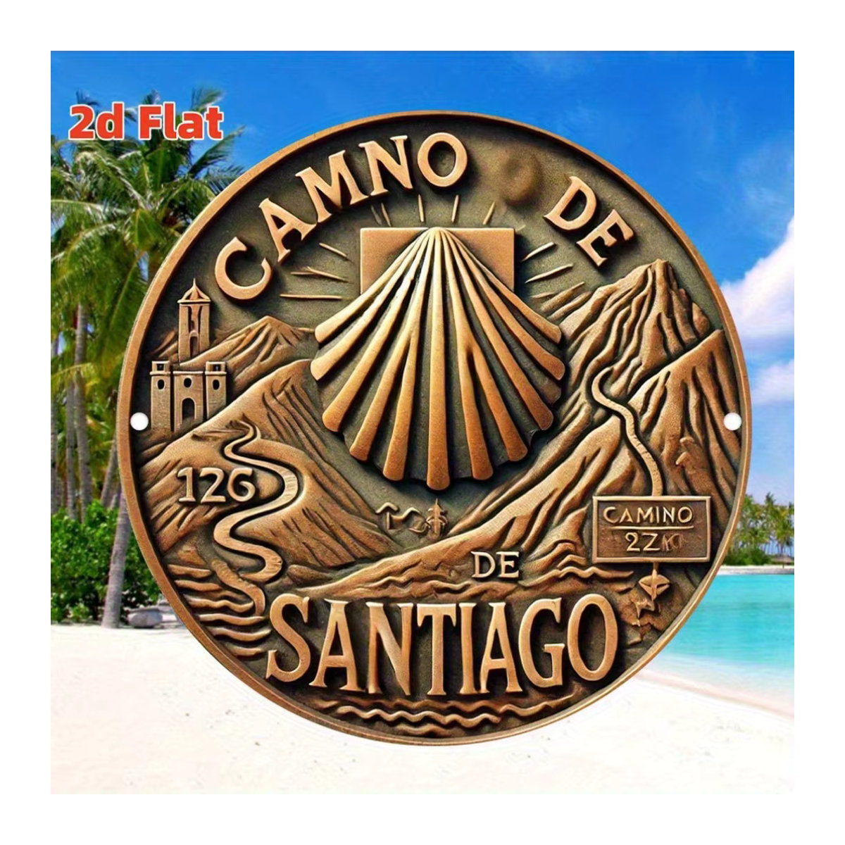 Vintage Camino de Santiago Metallschild von Potdemiel in Braun mit Pilger-Route-Design zur Wandmontage, Durchmesser: 19,81 cm - Bild 4