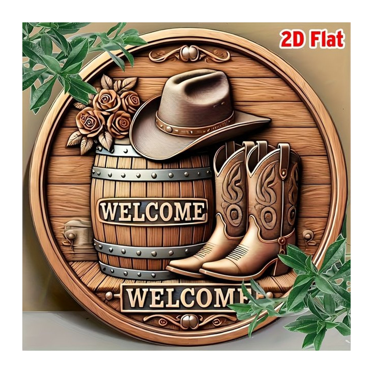 Vintage Cowboy Willkommensschild von Potdemiel, rundes Wandkunst-Dekor aus Metall in Braun - Bild 1