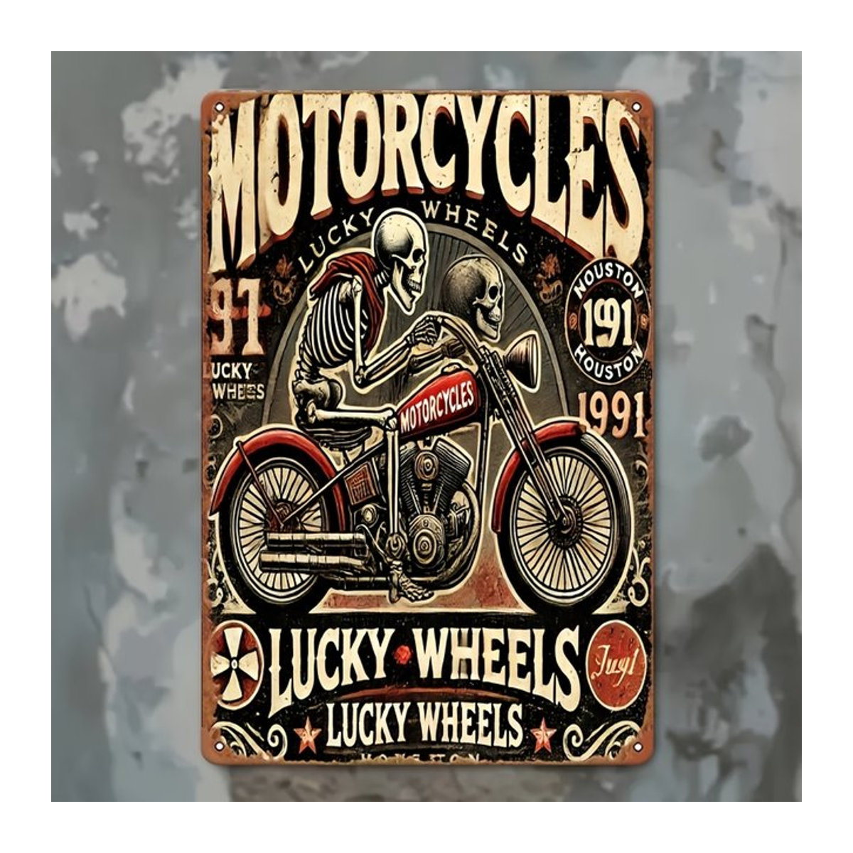 Vintage Davidson Motorrad-Blech-Wandkunst aus Metall mit Skelettfahrer-Design, mehrfarbig, Rechteckig, B/H: 20 x 14 cm - Bild 1
