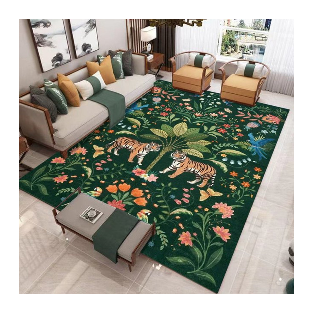 Vintage Dschungel-Teppich mit Tiger- und Blumenmuster in Grün für dein Wohnzimmer im Bohemian-Stil - Bild 1