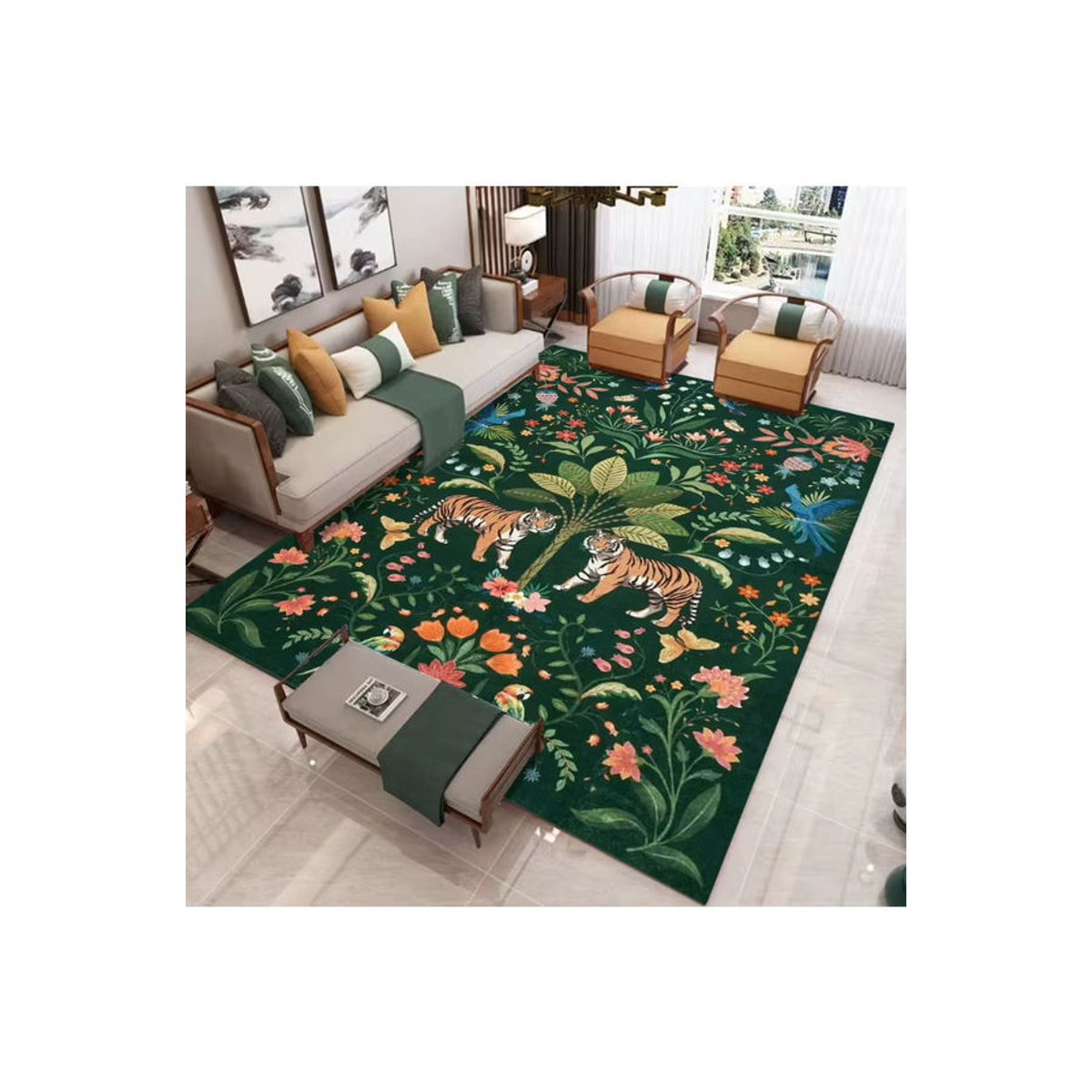Vintage Dschungel-Teppich mit Tiger- und Blumenmuster in Grün für dein Wohnzimmer im Bohemian-Stil - Bild 2